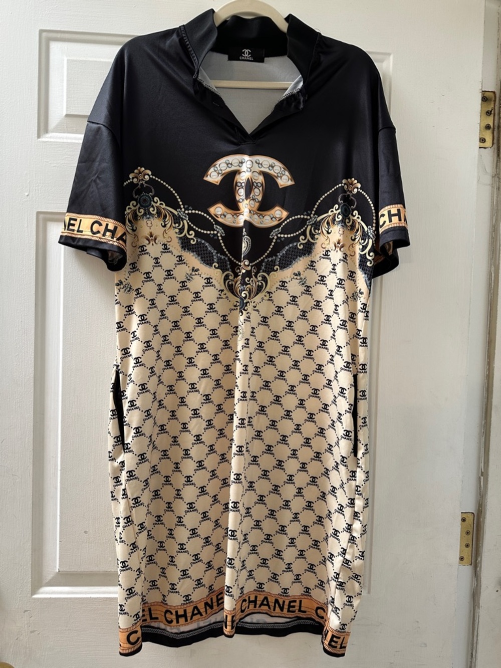 CHANEL Black and Beige Logo-Print Midi Polo Dress
